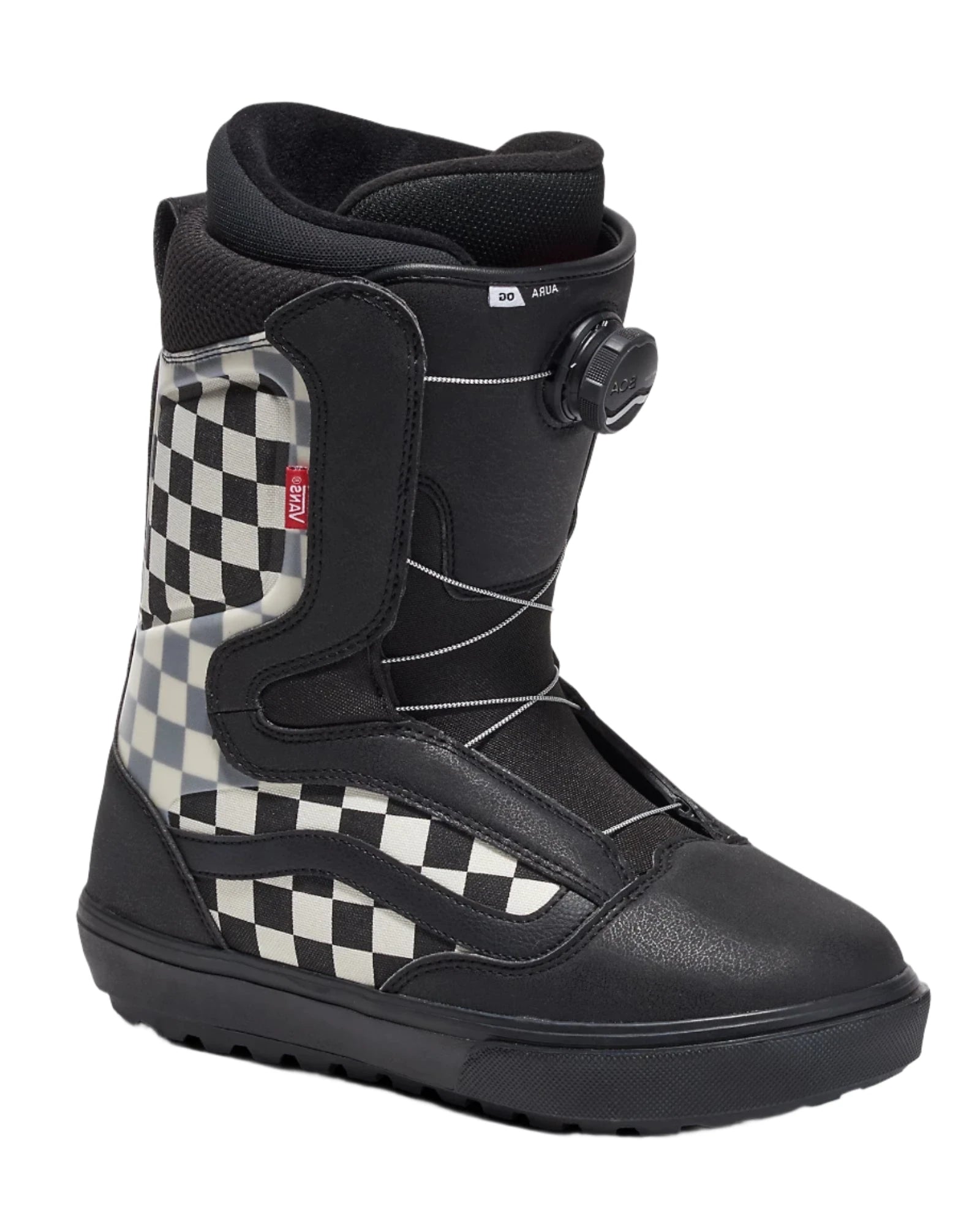 Vans Men's Aura OG Snowboard Boot 2025 - Black snowboard boot with a checkered pattern on the side and black laces.