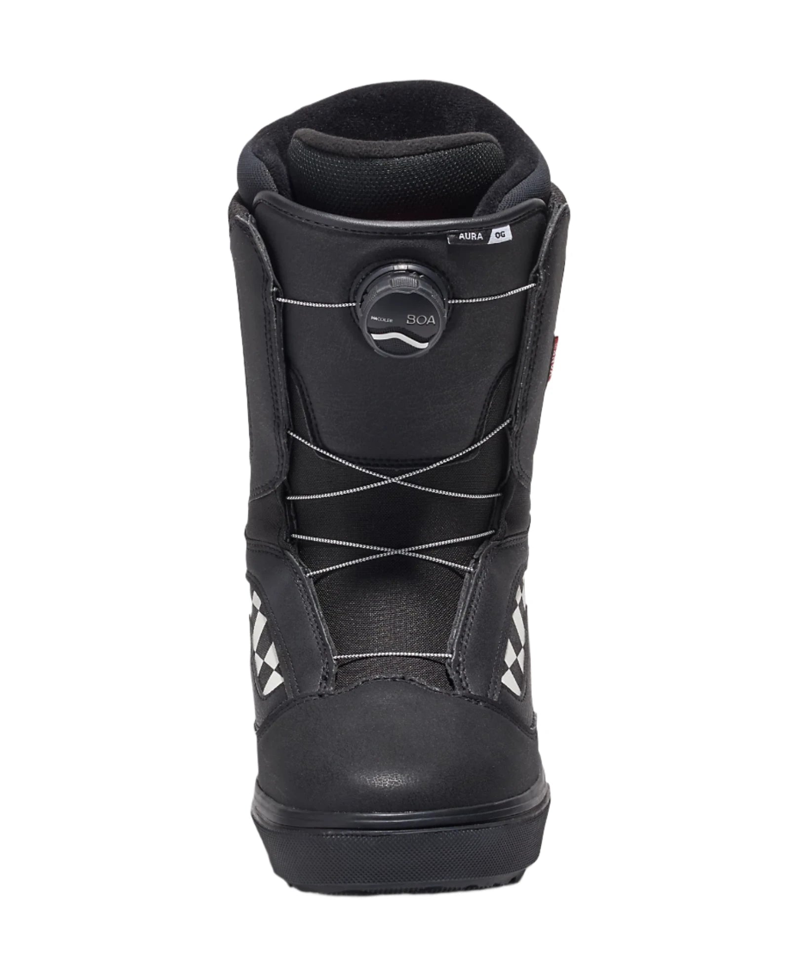 Vans Men's Aura OG Snowboard Boot 2025 - Black snowboard boot with white logo on side and black laces.