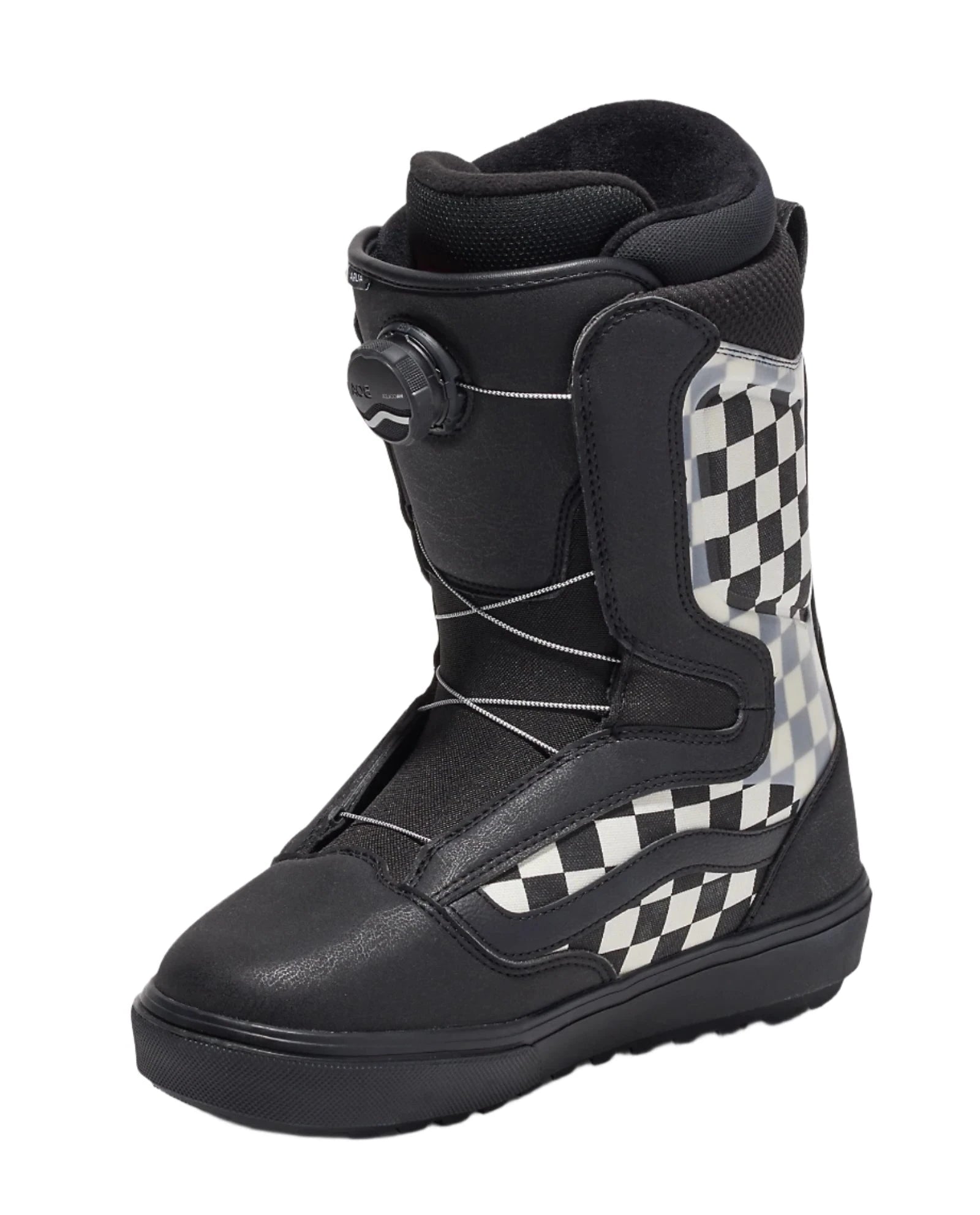 Vans Men's Aura OG Snowboard Boot 2025 - Black snowboard boot with a checkered pattern on the side and black laces.