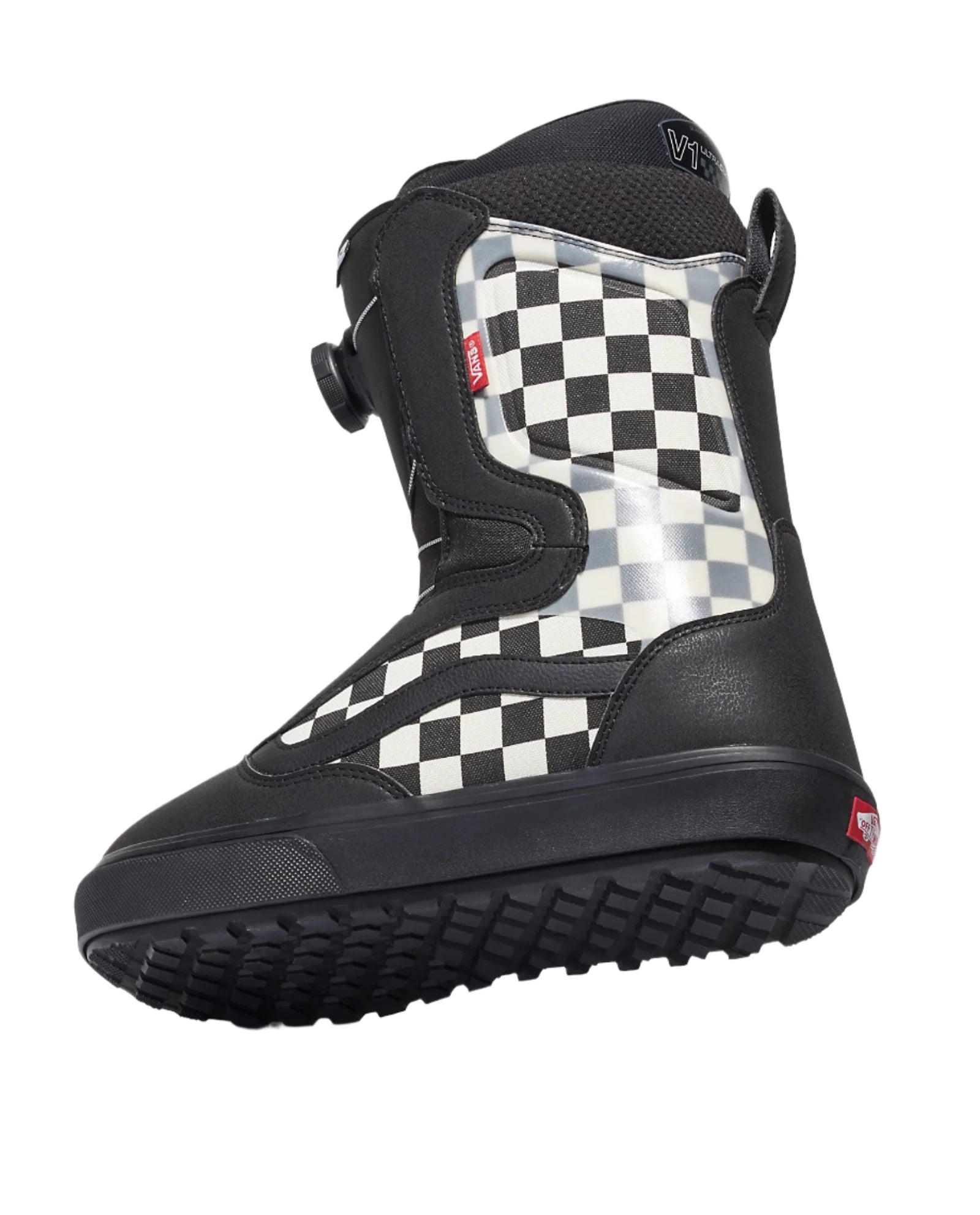 Vans Men's Aura OG Snowboard Boot 2025 - Black snowboard boot with a checkered pattern on the side and black laces.