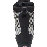 Vans Men's Aura OG Snowboard Boot 2025 - Black snowboard boot with a checkered pattern on the side and red accents.
