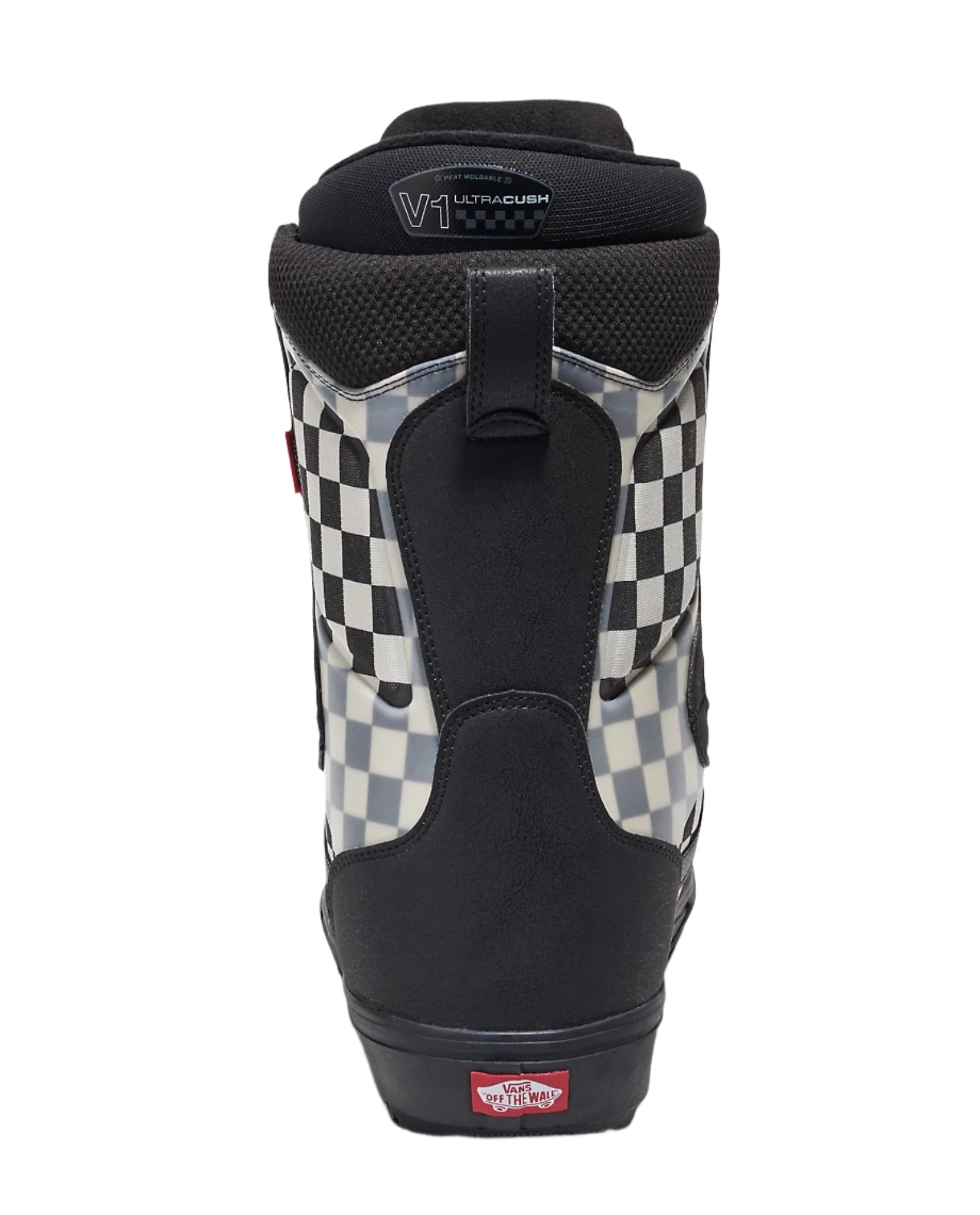 Vans Men's Aura OG Snowboard Boot 2025 - Black snowboard boot with a checkered pattern on the side and red accents.