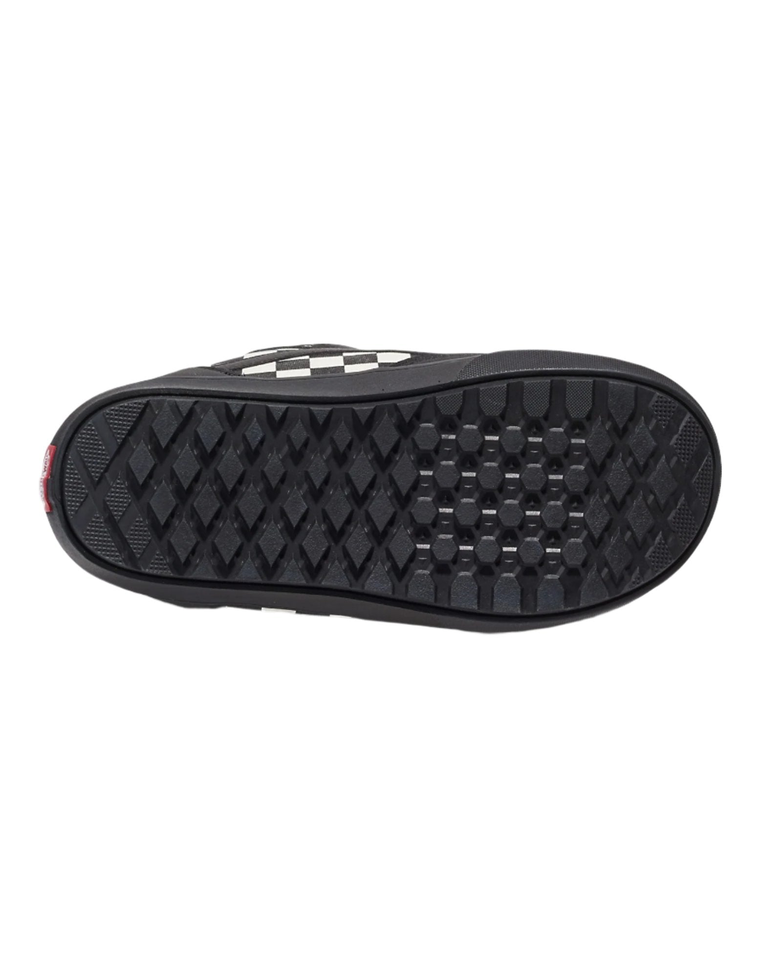 Vans Men's Aura OG Snowboard Boot 2025 - Black snowboard boot with white checkered logo on top and red tag on heel.