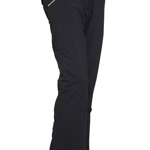Women's black shell pants with belt loops and zip side pockets
