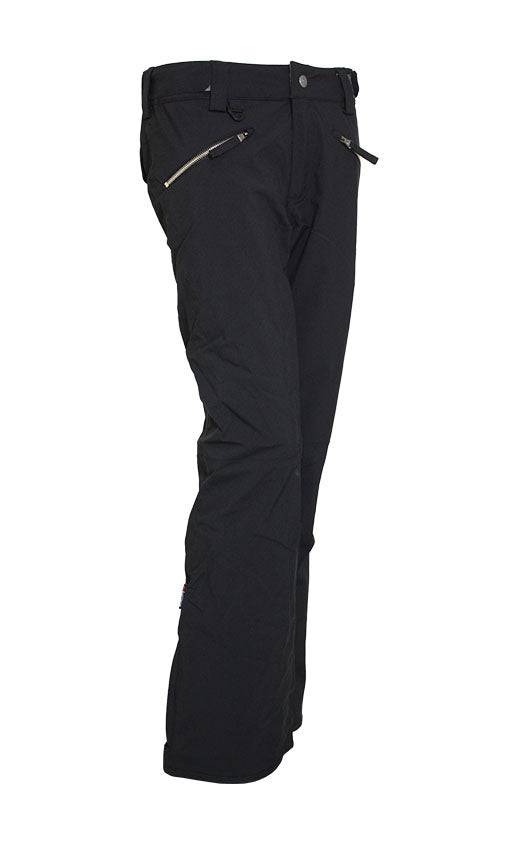 Women's black shell pants with belt loops and zip side pockets