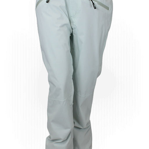 Women's light blue shell pants with belt loops and zip side pockets