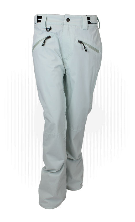 Women's light blue shell pants with belt loops and zip side pockets