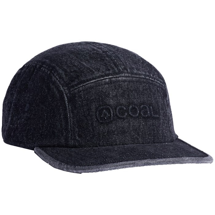 EDISON 5 PANEL CAP 2023 - A black denim cap with a faded pattern and a small embroidered logo on the front.