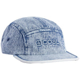 EDISON 5 PANEL CAP 2023 - A light blue denim cap with a white embroidered logo on the front.