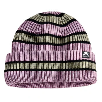 Autumn Simple Slacker Beanie 2025 - A pink beanie with a black stripe around the middle and a small white logo on the front.