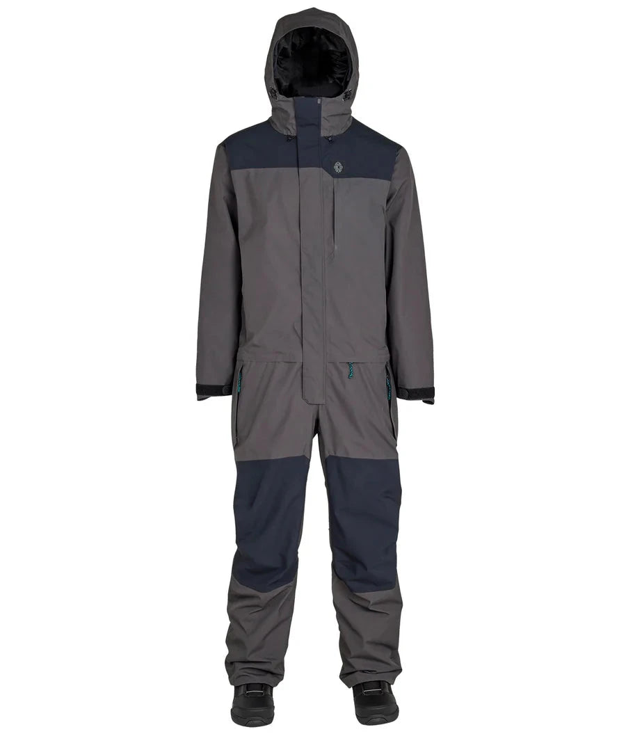 Airblaster Beast Shell Suit 2025 - A gray snowsuit with a black chest panel and hood, featuring a small logo on the left side of the chest.