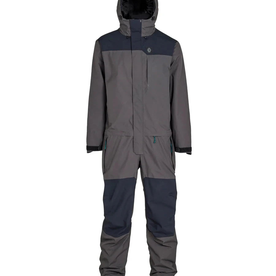 Airblaster Beast Shell Suit 2025 - A gray snowsuit with a black chest panel and hood, featuring a small logo on the left side of the chest.