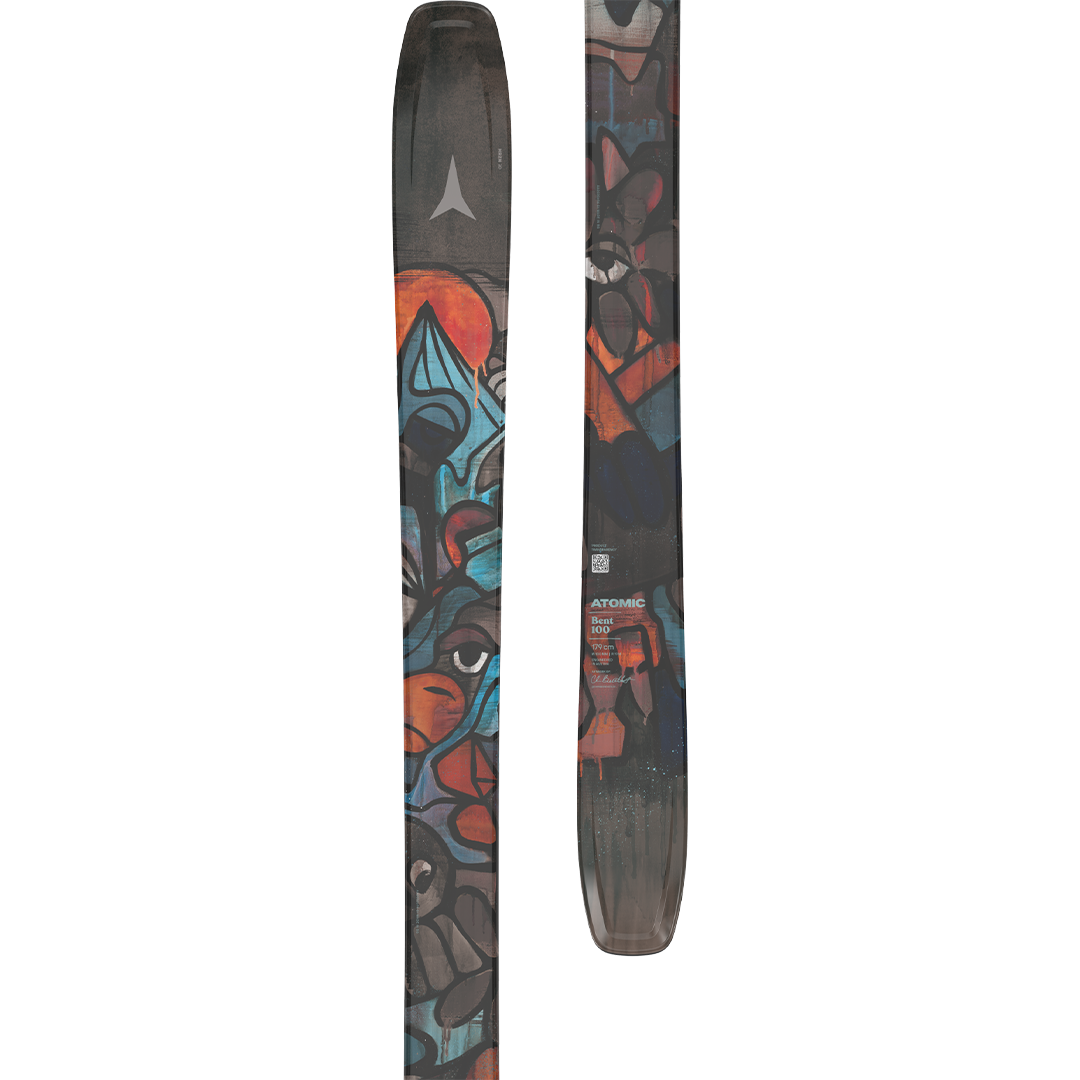 Atomic Bent Chetler 100 Skis 2026 - A pair of skis with a black base and blue, red, and orange abstract graffiti-style graphics.