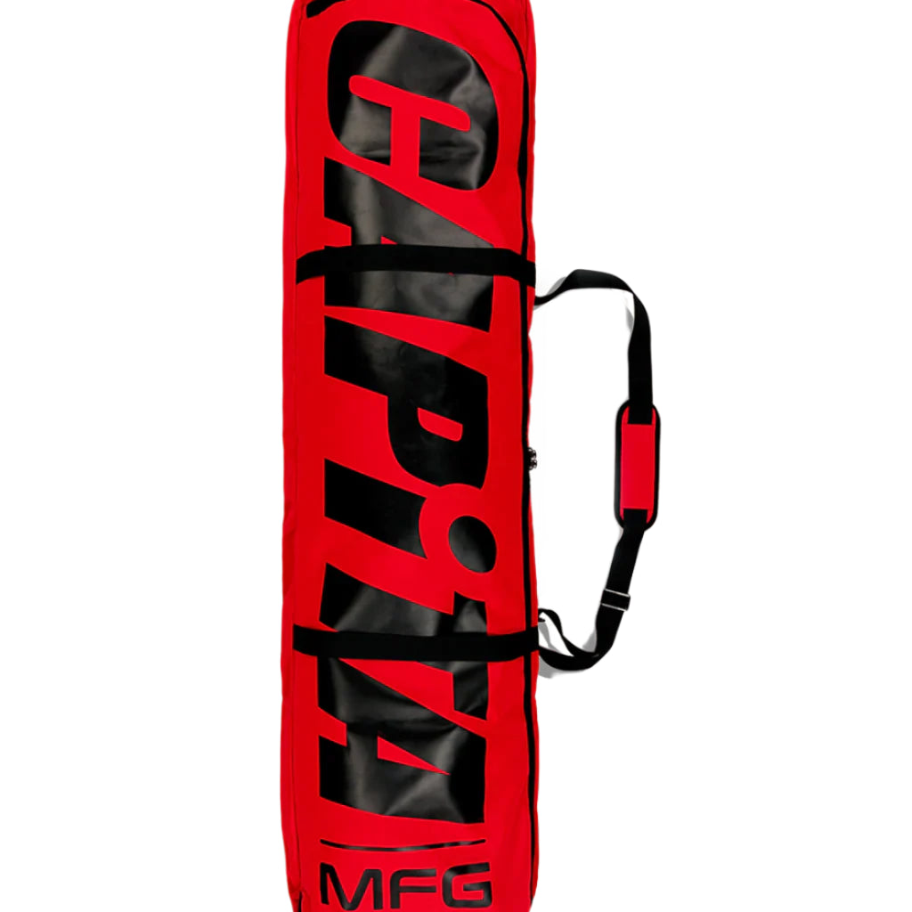 CAPiTA Snowboard Bag - A red snowboard bag with a black zipper and white strap.