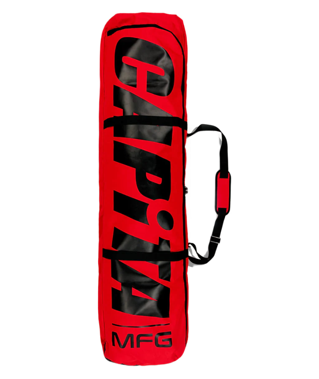 CAPiTA Snowboard Bag - A red snowboard bag with a black zipper and white strap.