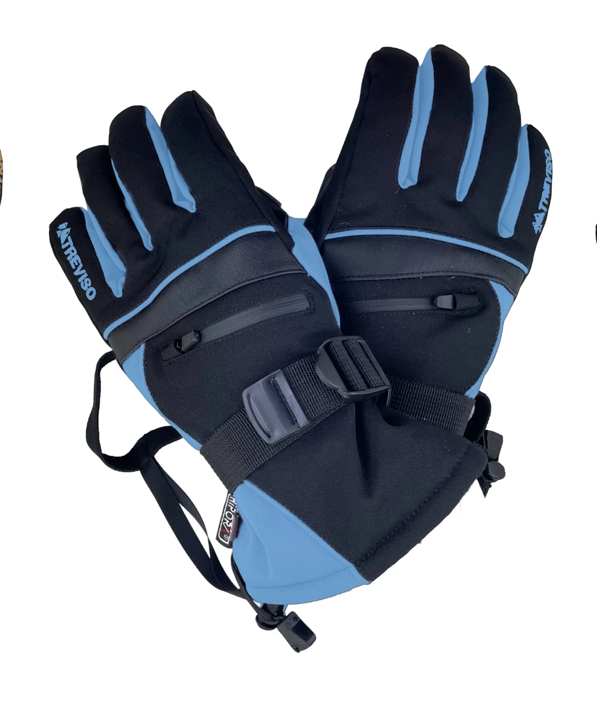 Treviso Junior Blaze Glove 2022 - A pair of black gloves with light blue accents and a strap on the wrist.