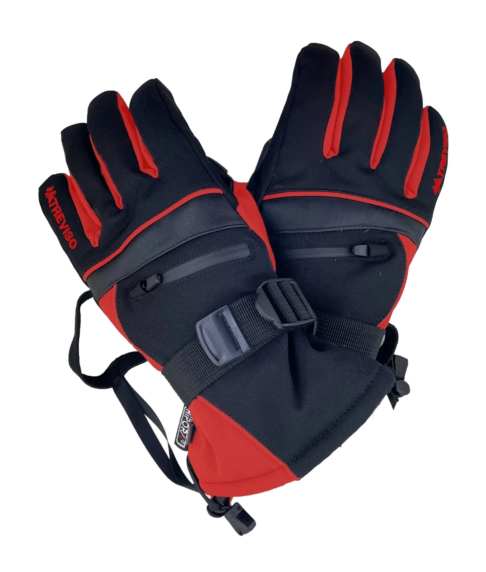 Treviso Junior Blaze Glove 2022 - A pair of black gloves with red accents and a strap on the wrist.