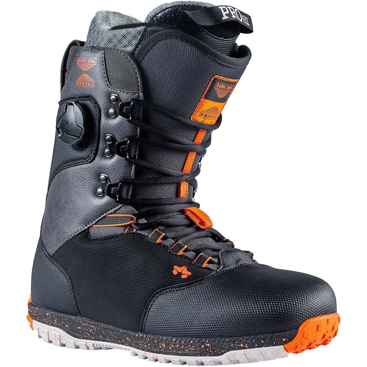 BODEGA HYBRID BOA M BOOT 2022 - Black snowboard boots with orange accents and a textured pattern on the toe cap.