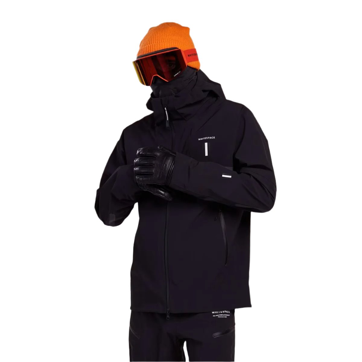Whitespace 3L Performance Snowboard Jacket 2024 - A black snowboard jacket with a high collar and zippered pockets.