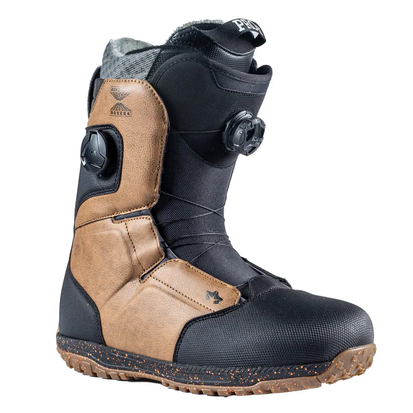 Rome Bodega BOA Snowboard Boot 2022 - Black snowboard boot with tan accents and a black BOA dial on the side.