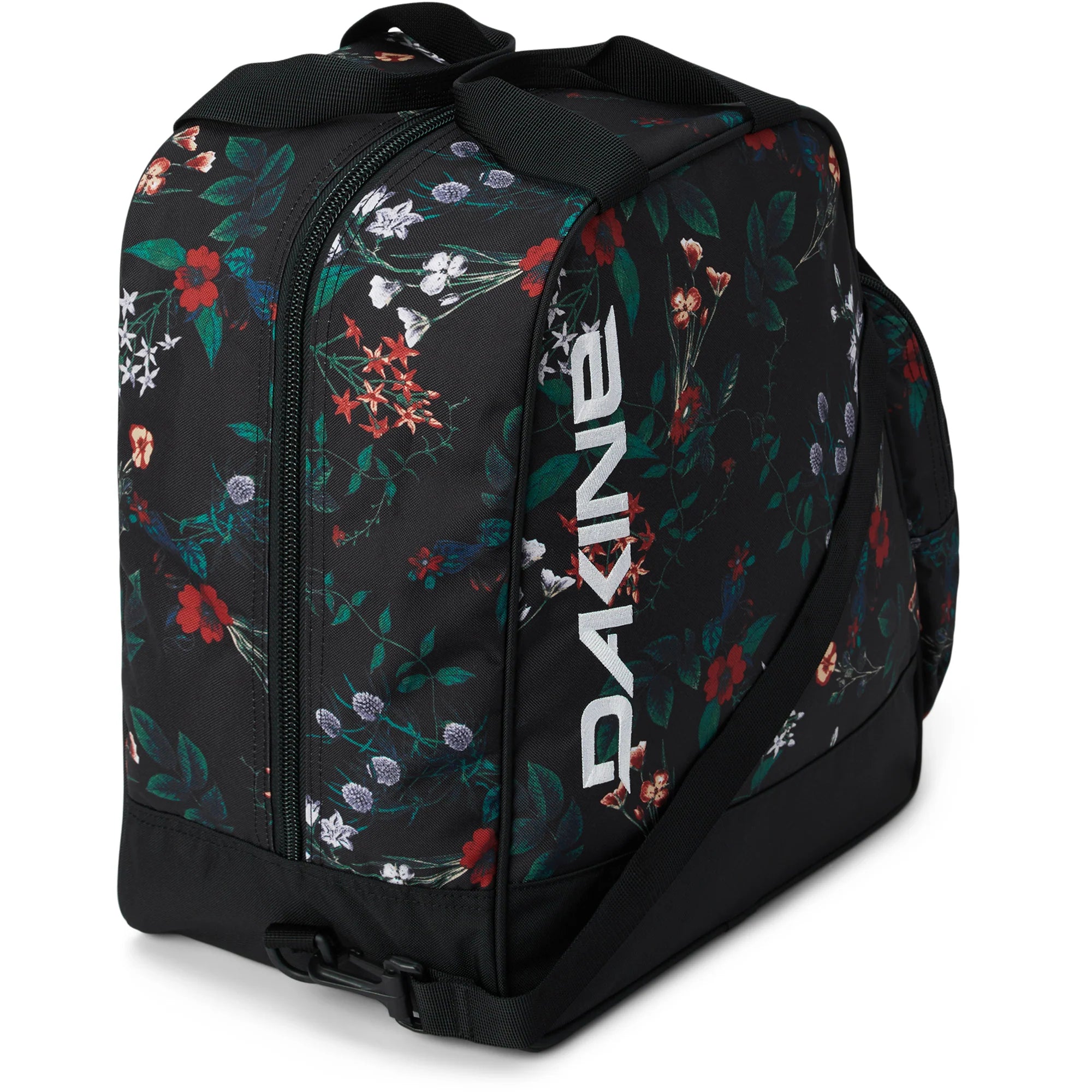 Dakine Boot Bag 30L 2025 - A black bag with a floral pattern of red, white, and green flowers.