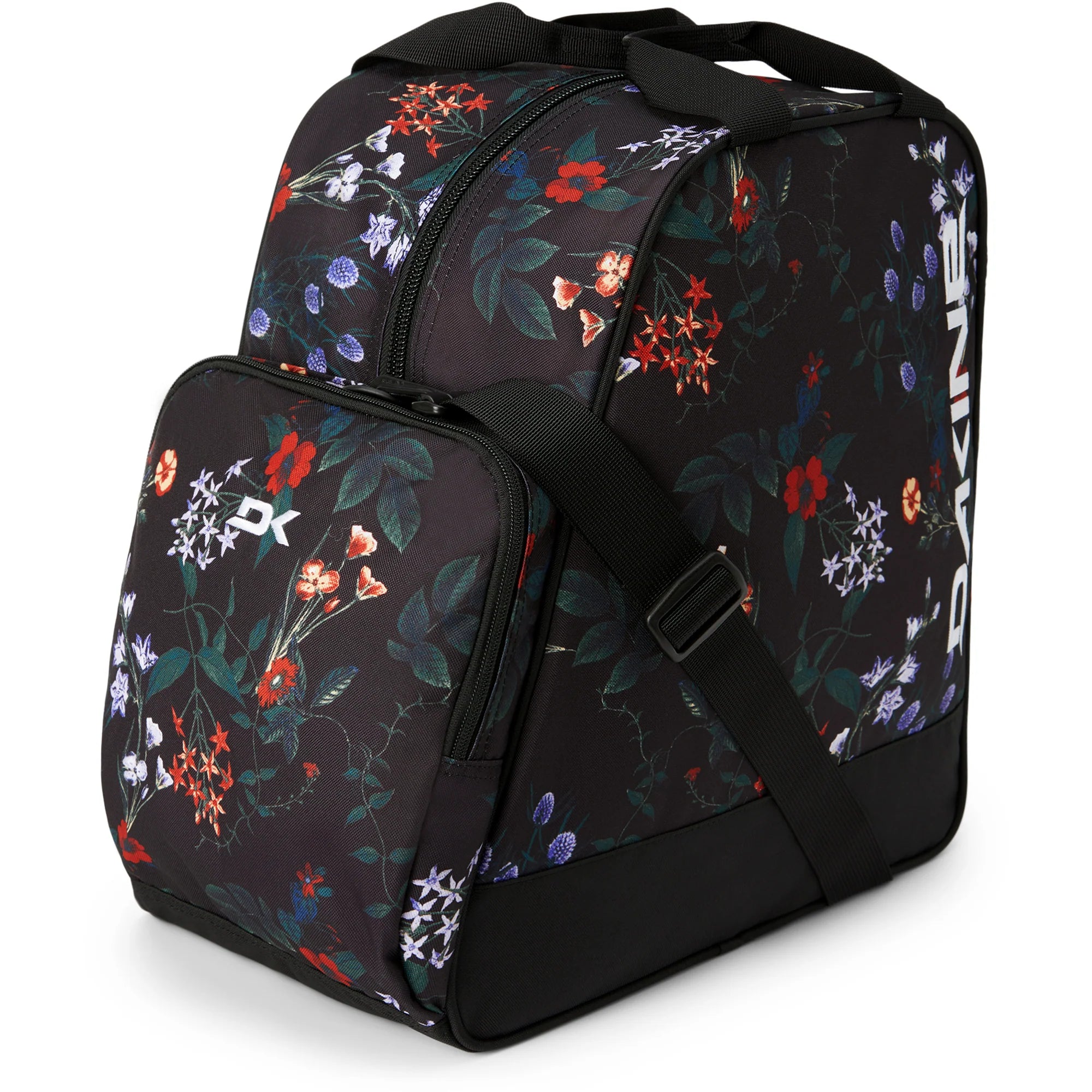 Dakine Boot Bag 30L 2025 - A black boot bag with a white logo and floral pattern.