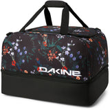 Dakine Boot Locker 69L Bag 2025 - A large, rectangular bag with a black base and top, featuring a floral pattern of red, white, blue, and green flowers on its sides.