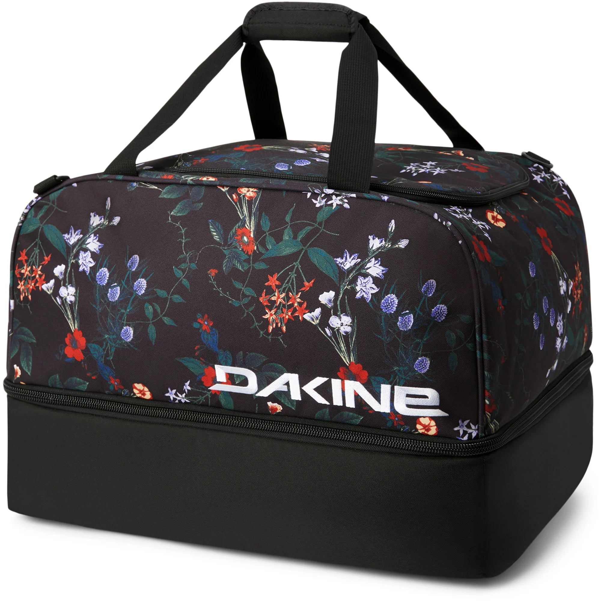 Dakine Boot Locker 69L Bag 2025 - A large, rectangular bag with a black base and top, featuring a floral pattern of red, white, blue, and green flowers on its sides.