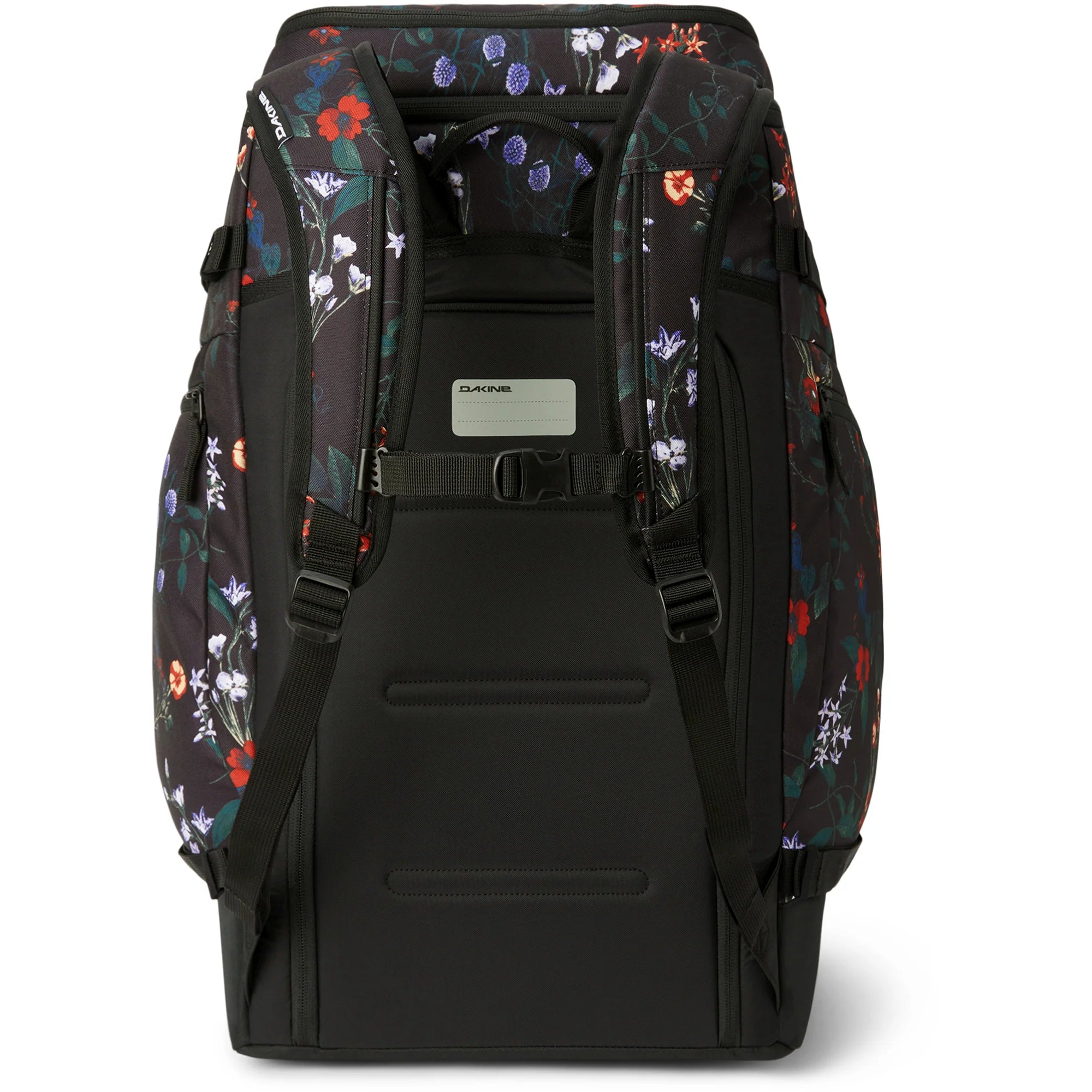 Dakine DLX 75L Boot Backpack - A black backpack with a floral pattern of red, white, and purple flowers on the top portion.
