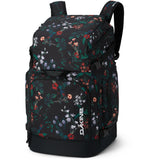 Dakine DLX 75L Boot Backpack - A black backpack with a floral pattern of red, white, and purple flowers and green leaves.