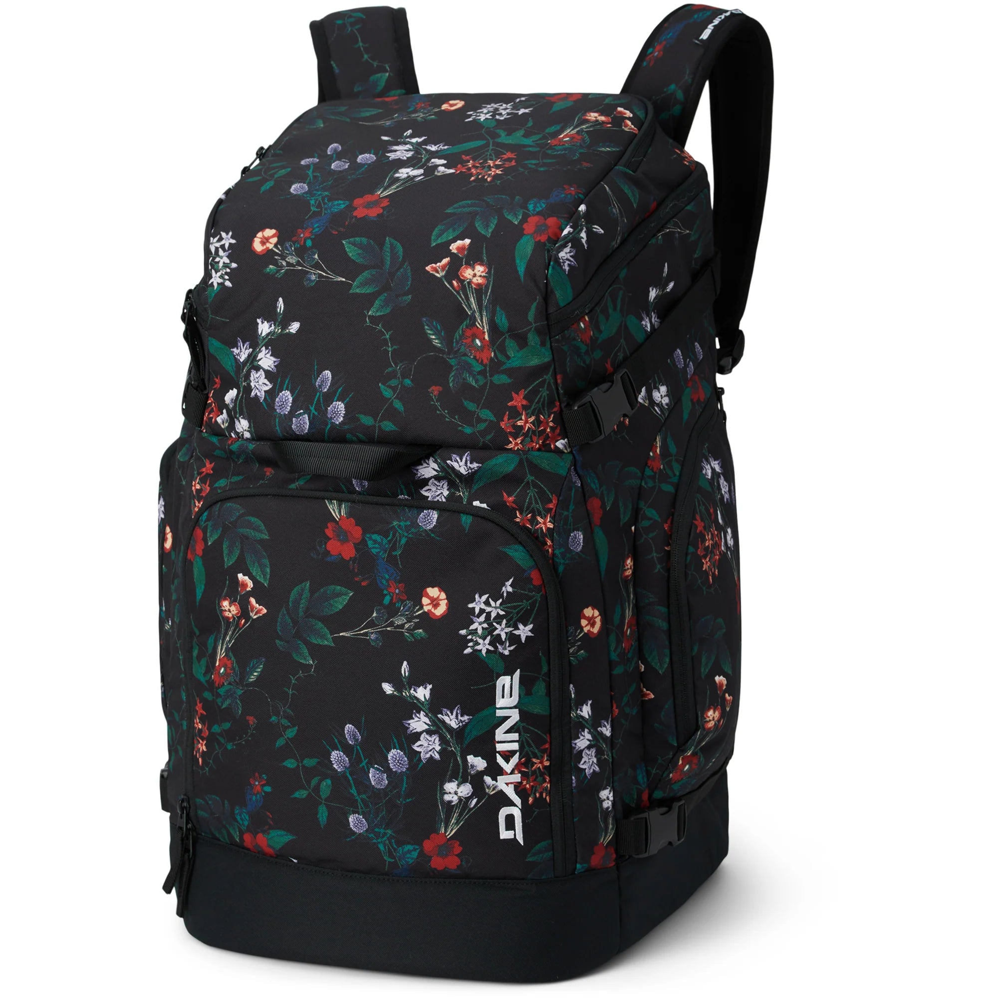 Dakine DLX 75L Boot Backpack - A black backpack with a floral pattern of red, white, and purple flowers and green leaves.