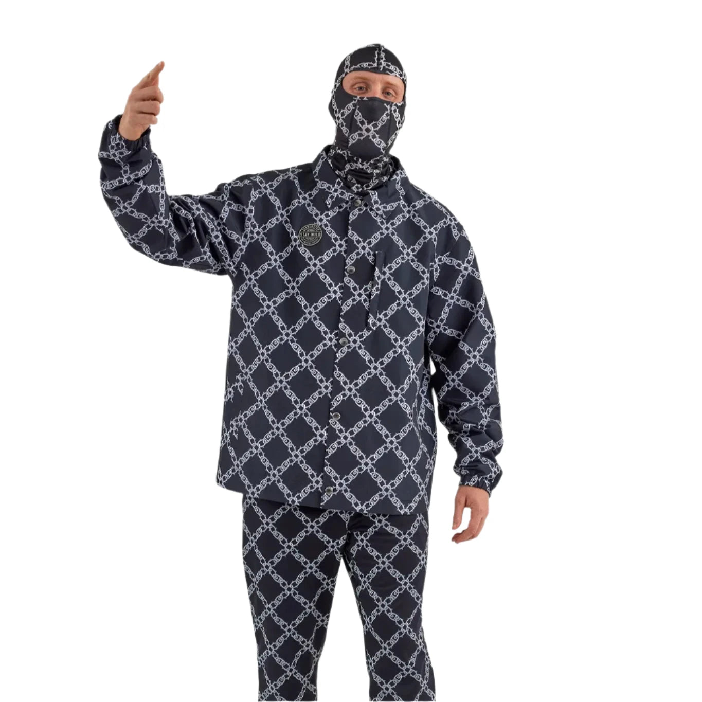 Airblaster Bruiser Shell Jacket 2025 - Black jacket with white geometric pattern and black zipper.