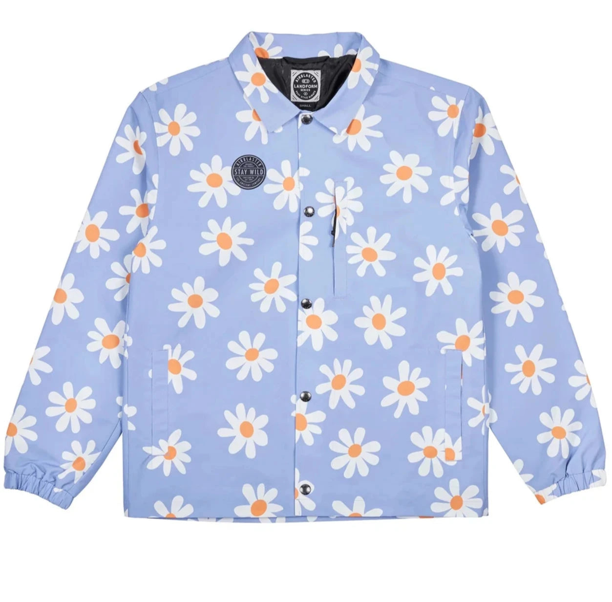 Airblaster Bruiser Shell Jacket 2025 - A light blue jacket with a repeating pattern of white flowers and orange centers.