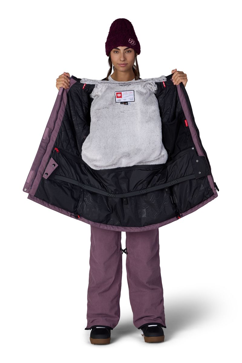 Women's plum insulated jacket with hood, open showing gray fleece inner lining