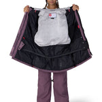 Women's plum insulated jacket with hood, open showing gray fleece inner lining