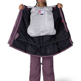 Women's plum insulated jacket with hood, open showing gray fleece inner lining