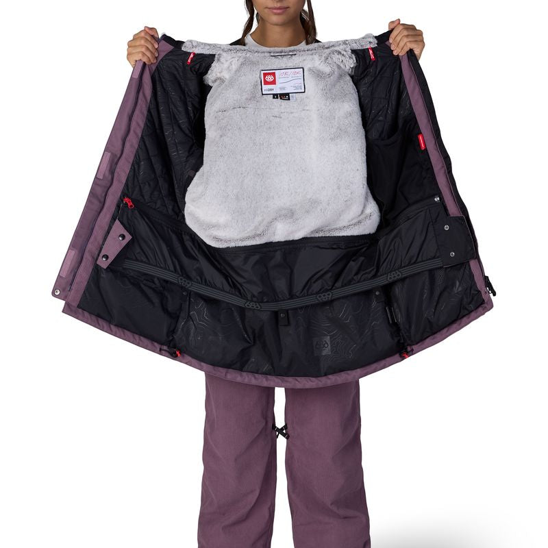 Women's plum insulated jacket with hood, open showing gray fleece inner lining