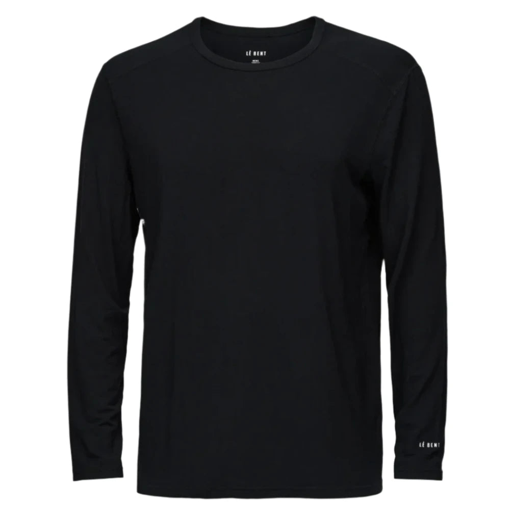 Le Bent Core Lightweight Crew Top Base Layer 2025 - A black crew-neck top with a small white logo on the left chest and a tag on the back collar.