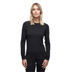 Le Bent Women's Core Lightweight Crew Top Base Layer - A black crew-neck top with a subtle logo on the left chest and a small tag at the back of the neck.