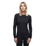 Le Bent Women's Core Lightweight Crew Top Base Layer - A black crew-neck top with a subtle logo on the left chest and a small tag at the back of the neck.