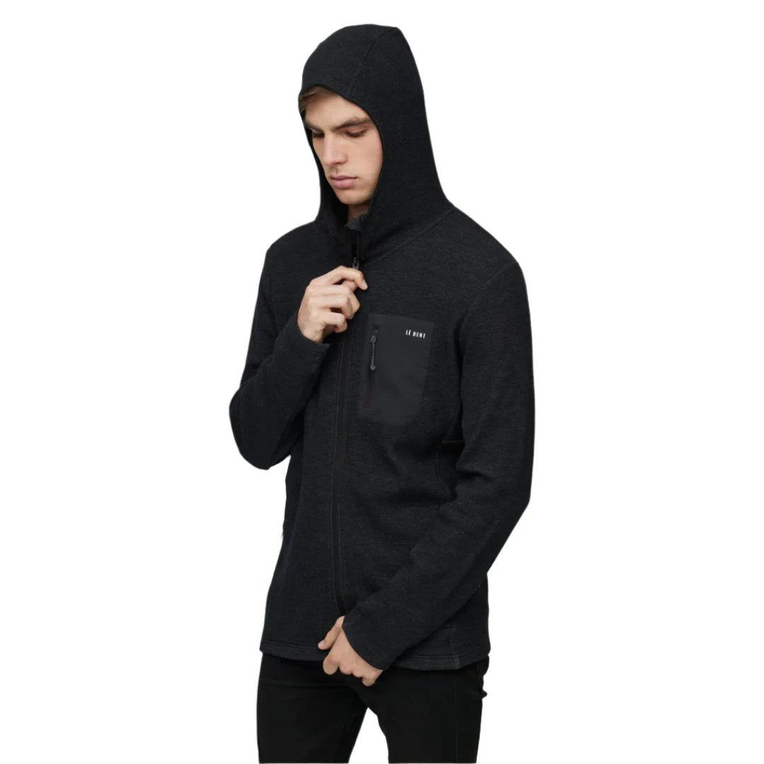Le Bent Sentinel Midweight Waffle Knit Zip Hoody 2025 - A black zip-up hoodie with a waffle knit texture and a hood.
