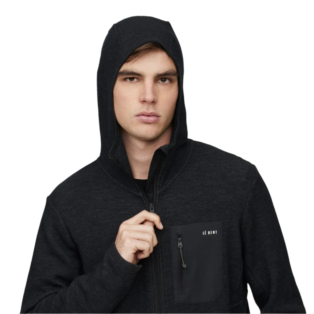 Le Bent Sentinel Midweight Waffle Knit Zip Hoody 2025 - A black zip-up hoodie with a waffle knit texture and a hood, featuring a zipper on the front.