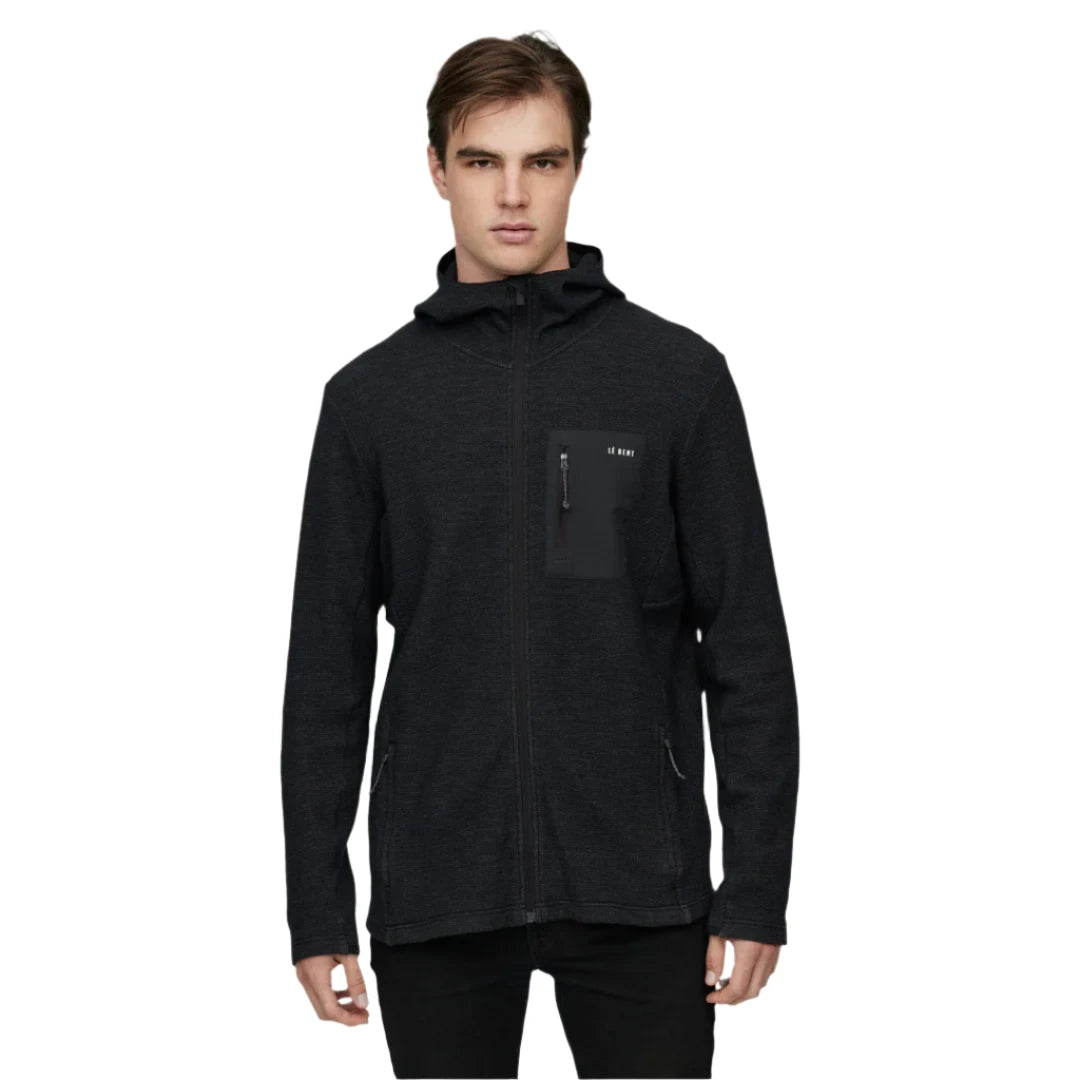 Le Bent Sentinel Midweight Waffle Knit Zip Hoody 2025 - A black zip-up hoodie with a waffle knit pattern and hood.