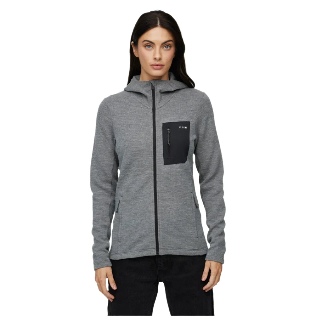 Le Bent Women's Sentinel Waffle Knit Hoody 2025 - A heathered grey hoody with a waffle knit texture and a zippered chest pocket.
