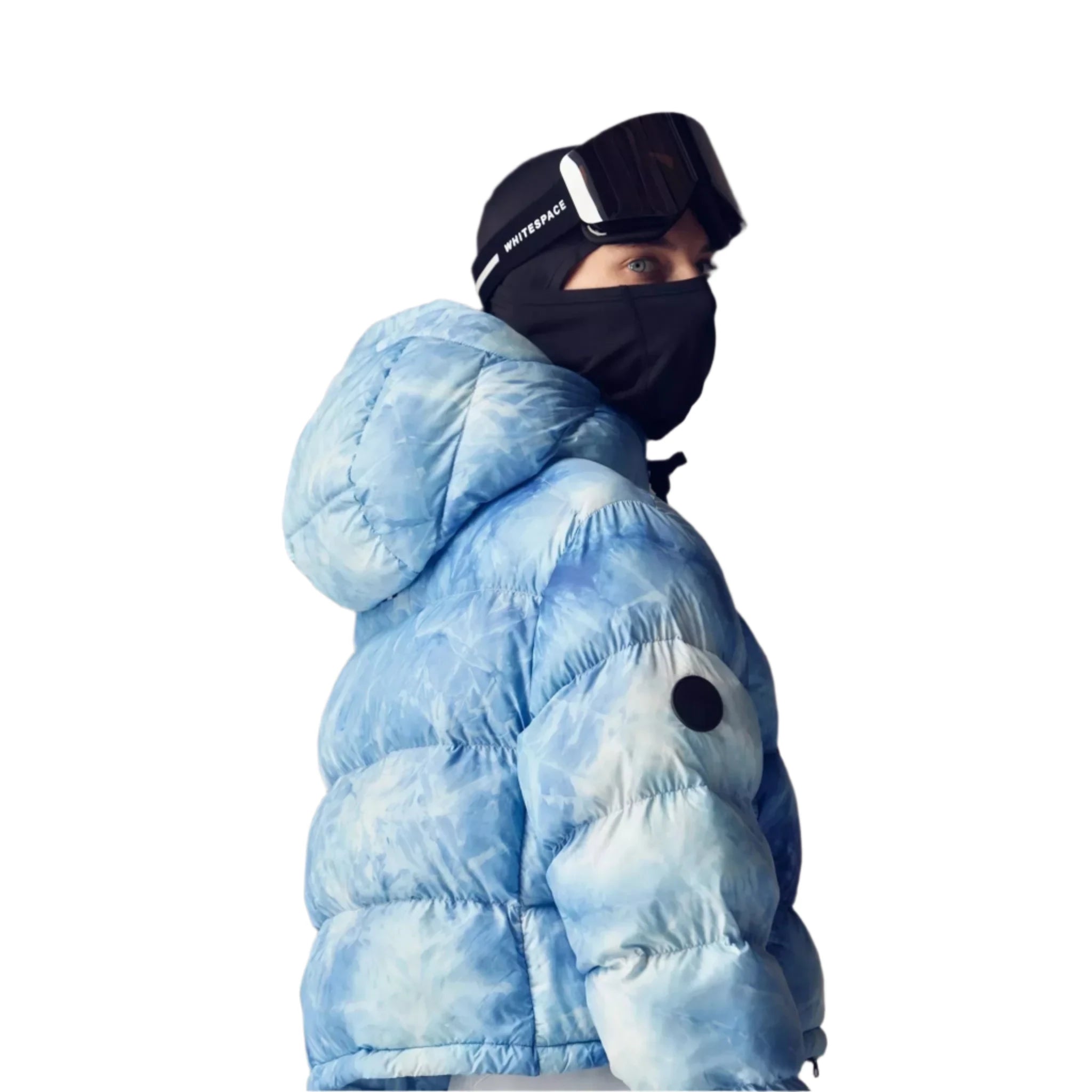 Whitespace Women's Cropped Puffer Jacket 2024 - A cropped-length puffer jacket in a light blue and white tie-dye pattern.