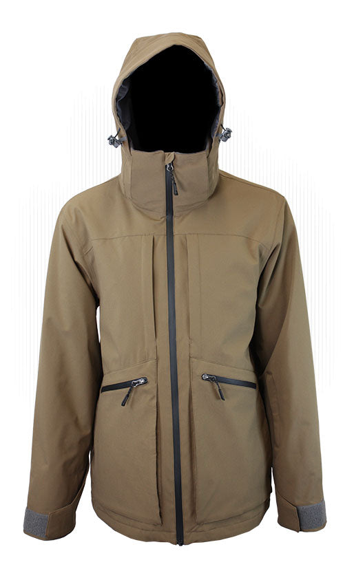 Insulated hooded jacket with full-zip front and zip pockets, espresso-brown