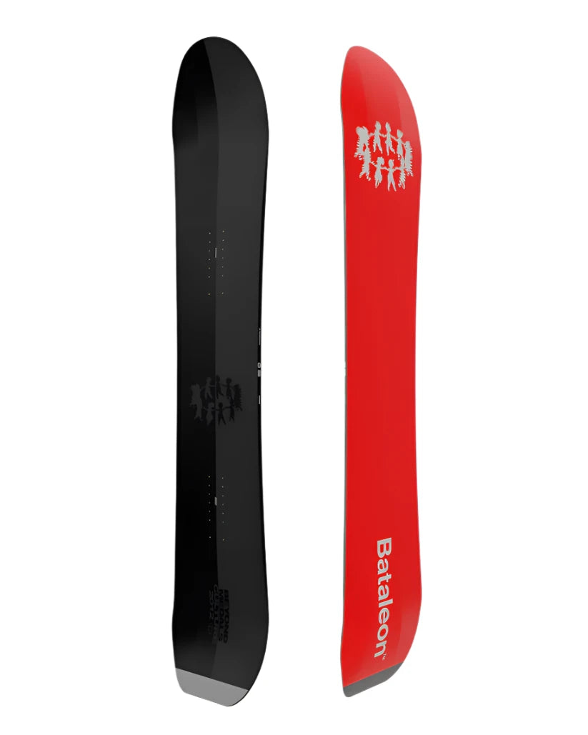 Bataleon Beyond Medals Snowboard 2025 - A black snowboard with a white logo featuring silhouettes of people holding medals.