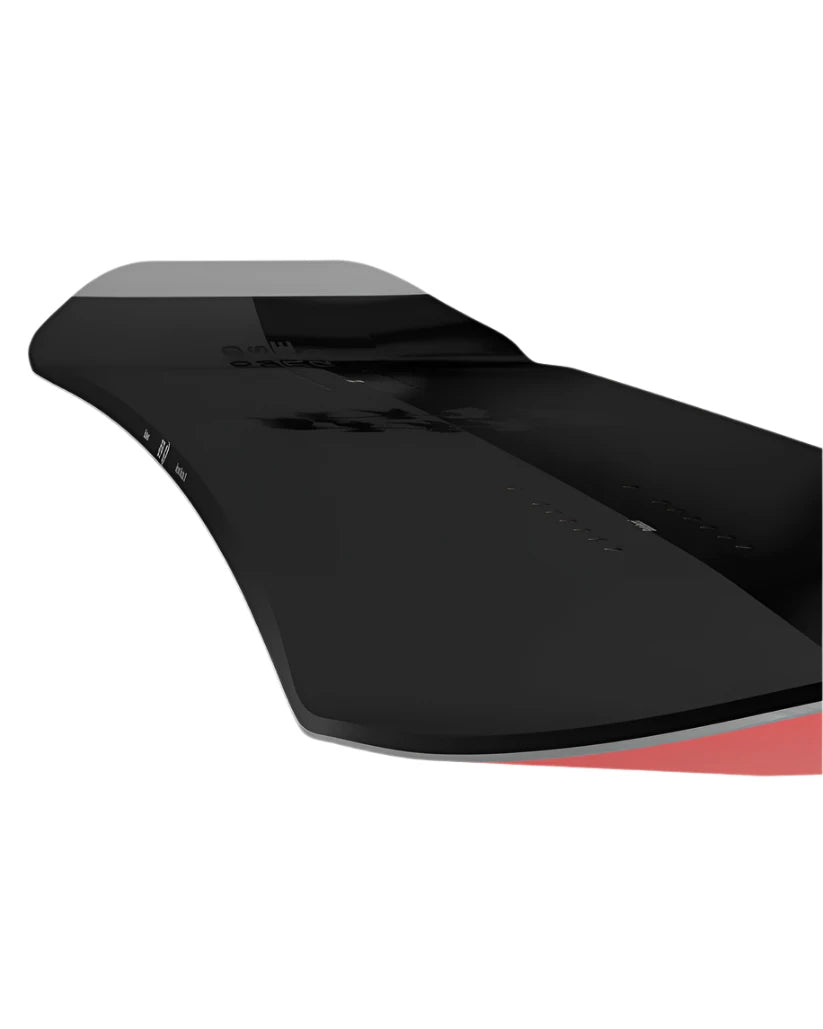 Bataleon Beyond Medals Snowboard 2025 - A black snowboard with a red base and gray top, featuring a distinctive logo on its surface.