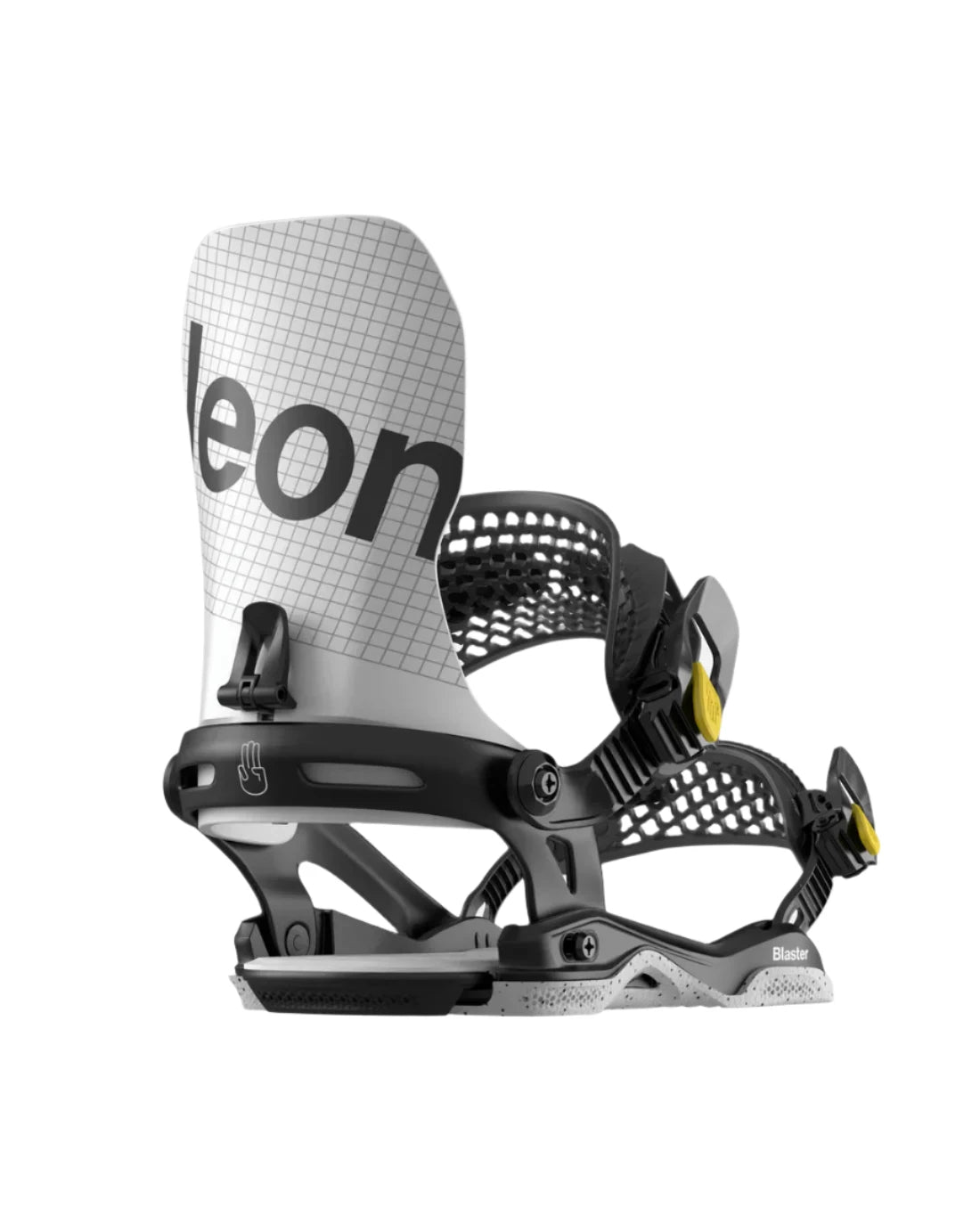 Bataleon Blaster Asymwrap Snowboard Bindings 2025 - A pair of black snowboard bindings with a grid pattern on the straps and yellow buckles.