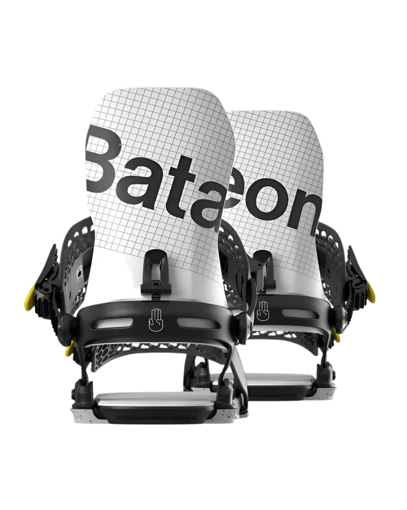 Bataleon Blaster Asymwrap Snowboard Bindings 2025 - A pair of black bindings with yellow buckles and a grid pattern on the straps.